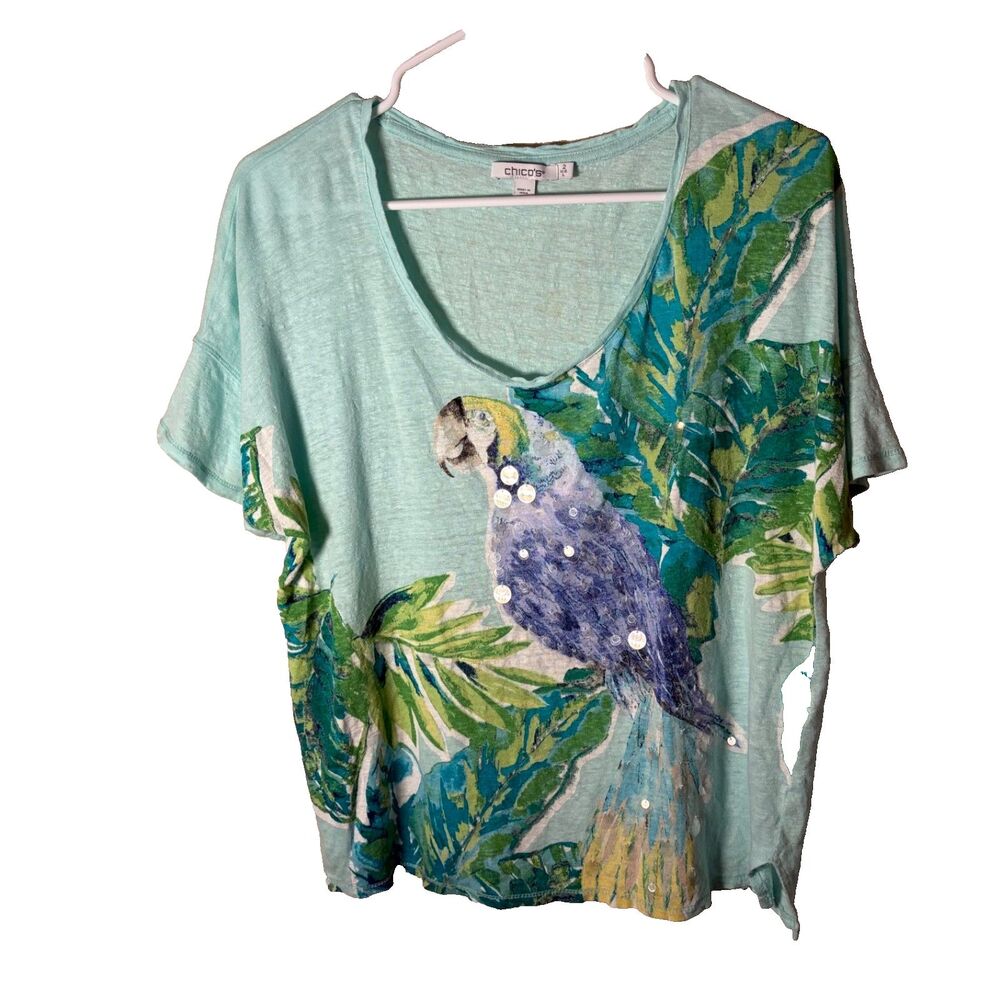 Chico's T-Shirt Women's Large 2 Sequin Floral 100% Linen Short Sleeve Artsy